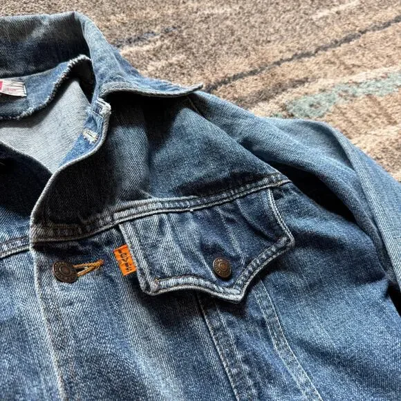 Vintage 70s Levi's Orange Tab Denim Blue Jean Safari Split Chore Jacket Sz Small - Picture 6 of 6
